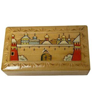 Russian Wooden Box Handmade Trinket Holder Vintage Folk Art Red Towers 5x2.75"